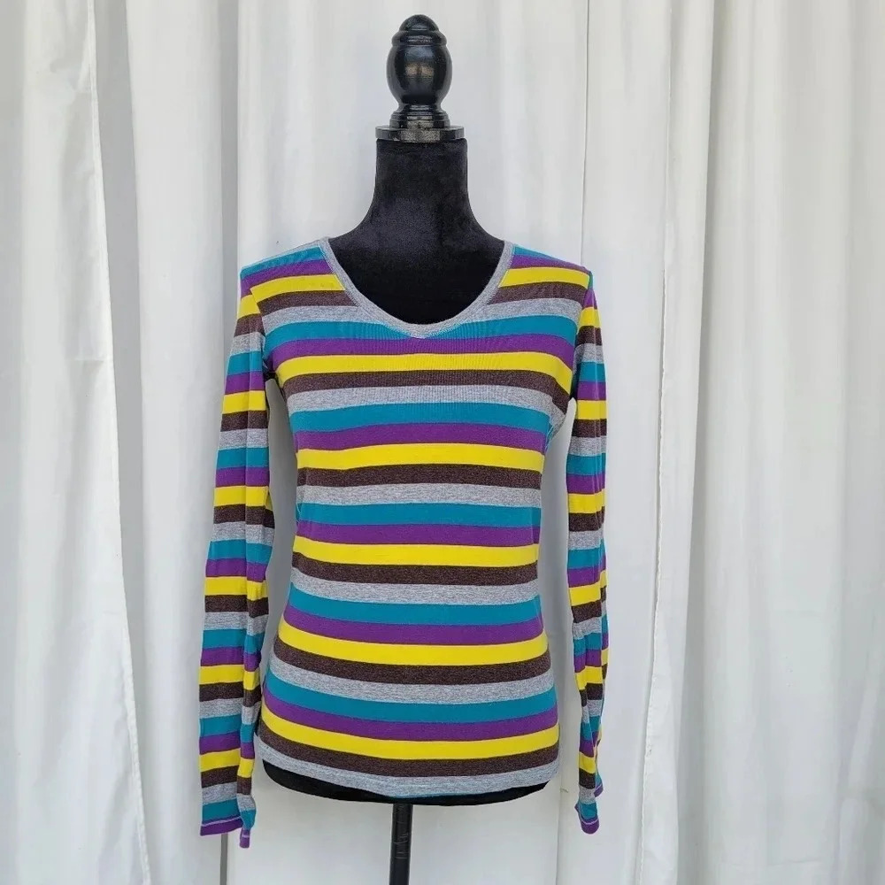 Victoria's Secret Purple Gray Yellow Striped Top Small V-Neck Long Sleeve Cotton